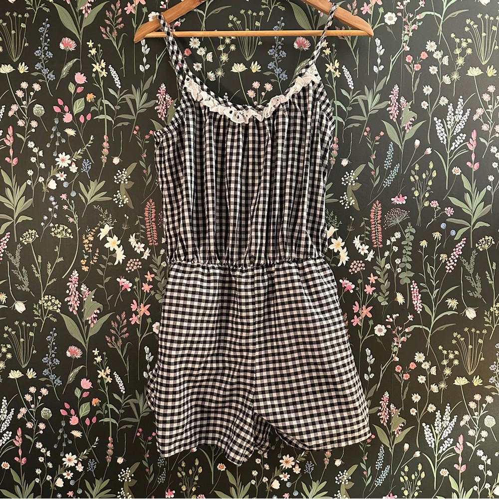 Vintage 70s 80s Navy & White Gingham Romper with Lace Trim